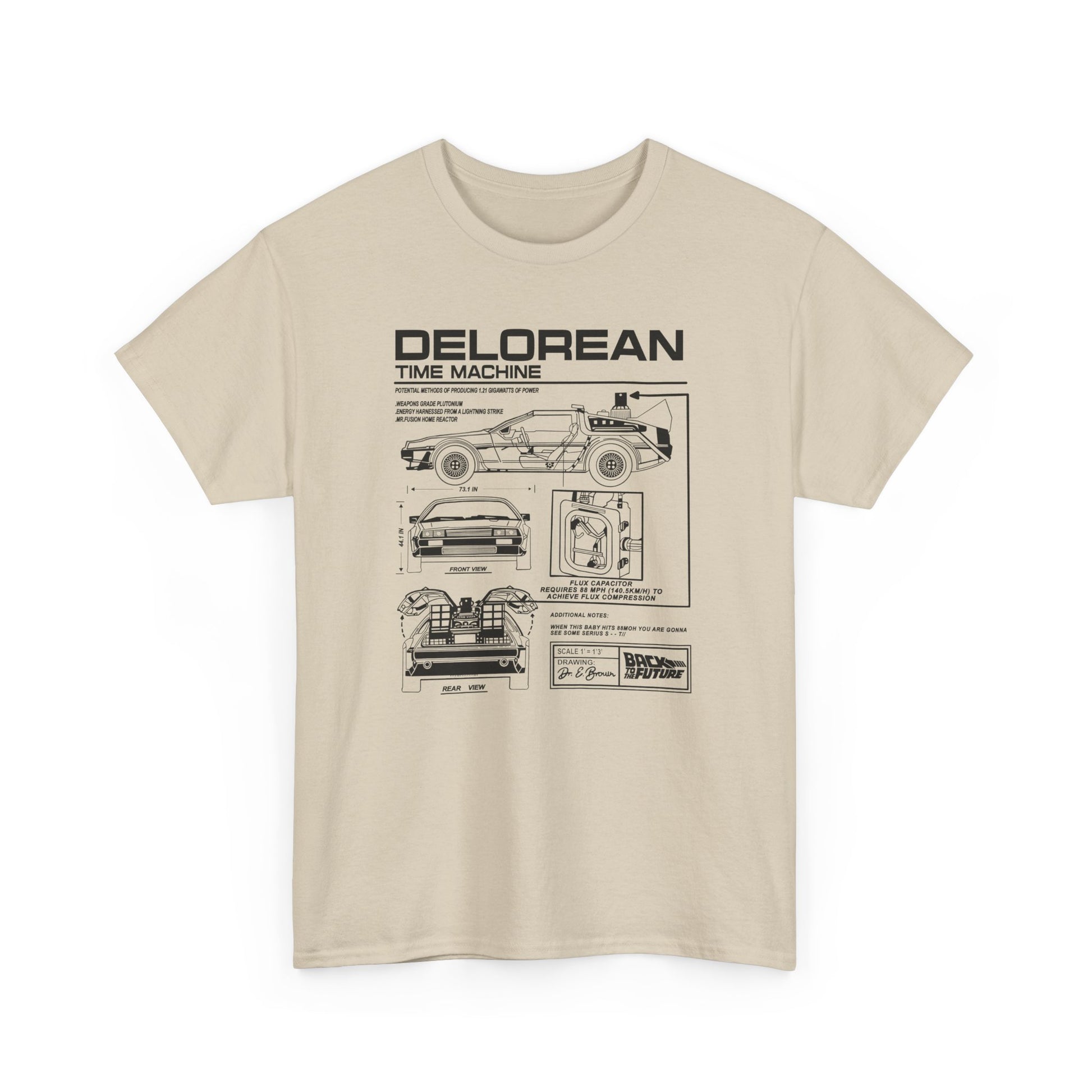 Front view of a premium beige t-shirt showcasing a detailed technical drawing of the DeLorean time machine from Back to the Future, featuring annotations and dimensions that highlight its iconic design.