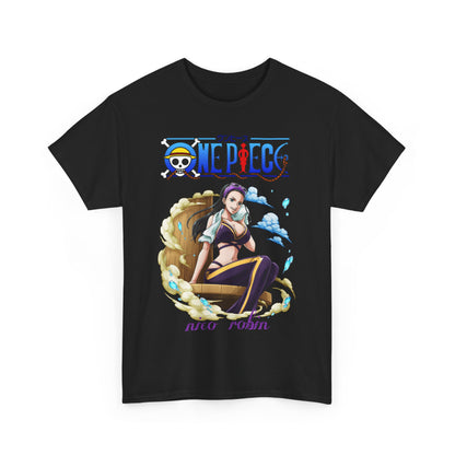Refined black t-shirt highlighting a beautiful representation of Nico Robin from One Piece, combining contemporary design with anime artistry.