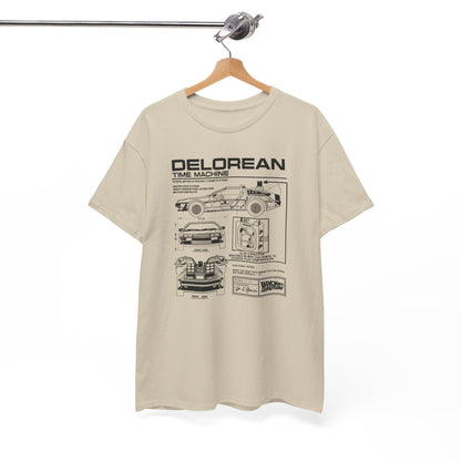 Stylish beige t-shirt hanging on display, showcasing the iconic DeLorean time machine blueprint, a perfect blend of nostalgia and luxury appeal for modern enthusiasts.