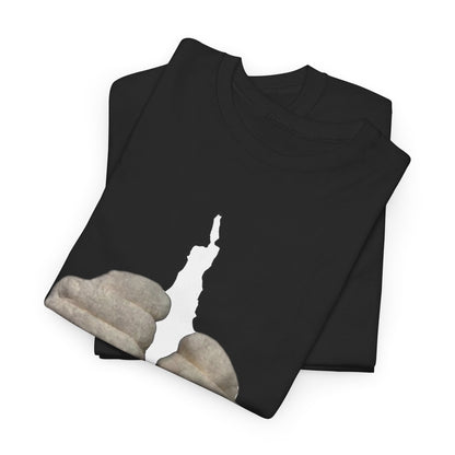 A stunning display of two black unisex t-shirts, elegantly showcasing an artistic graphic of clasped hands breaking through. A sophisticated choice for those seeking unique fashion options.