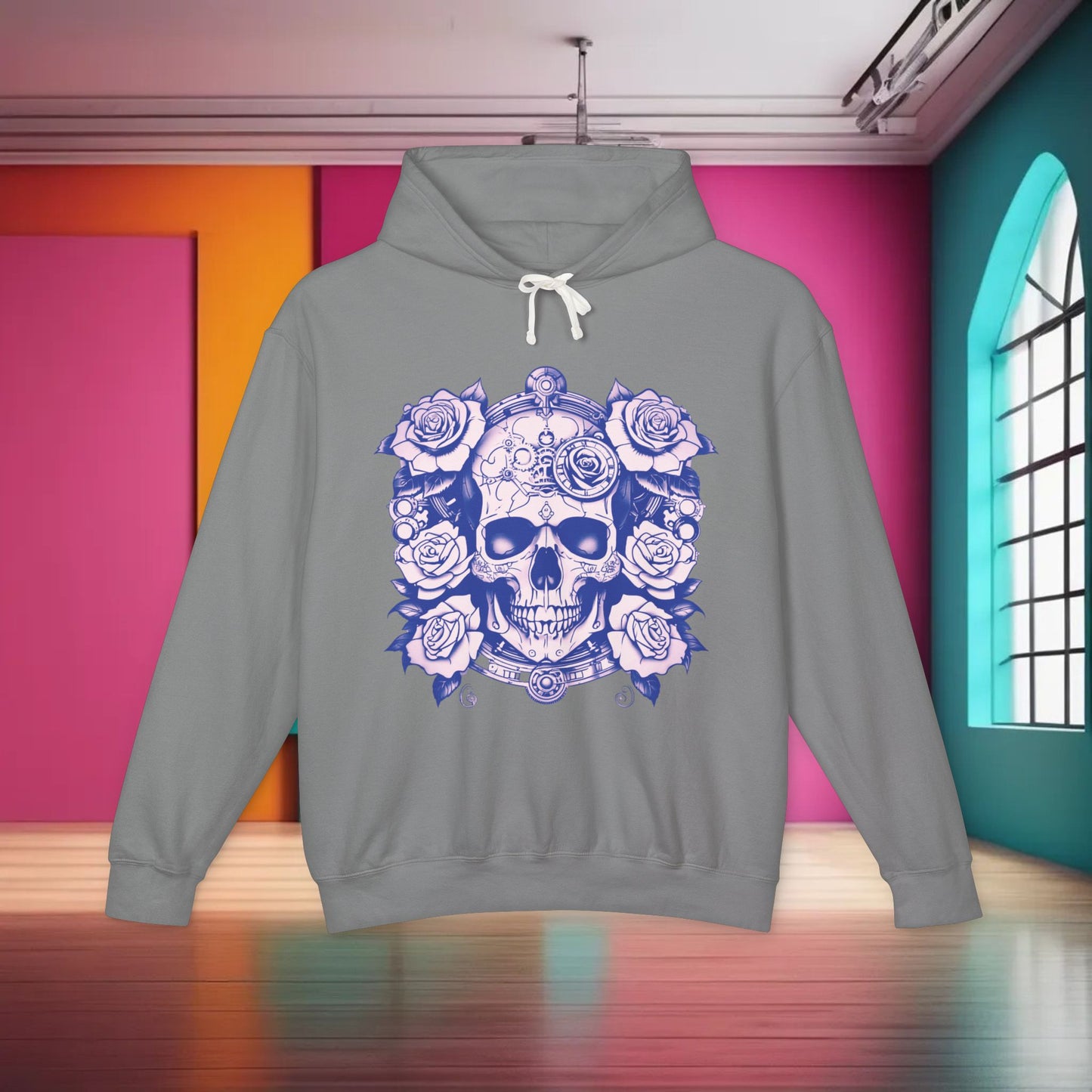 Steampunk Skull Roses Lightweight Hoodie, Unisex Streetwear Sweatshirt, Trendy