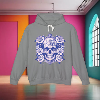 Steampunk Skull Roses Lightweight Hoodie displayed in a stylish indoor setting, featuring a striking skull and roses graphic for a trendy, unisex streetwear look.
