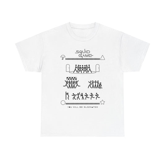 Elegant white graphic t-shirt featuring intricate 'Squid Game' motifs, ideal for stylish urban wear.