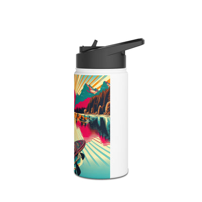 Fantasy Paddleboarding Stainless Steel Water Bottle capturing a unique perspective of a paddleboarder with mountainous reflections, representing both quality and adventure.
