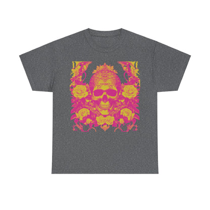 Skulls and Roses Cotton Tee - Luxurious unisex graphic shirt featuring a vivid steampunk design with a striking skull and roses motif in pink and yellow on a grey background.