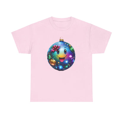 Festive Cheer Christmas Bauble Unisex Cotton T-Shirt Graphic Tee in soft pink, showcasing a playful Christmas bauble with a cheerful expression and colourful decorations.