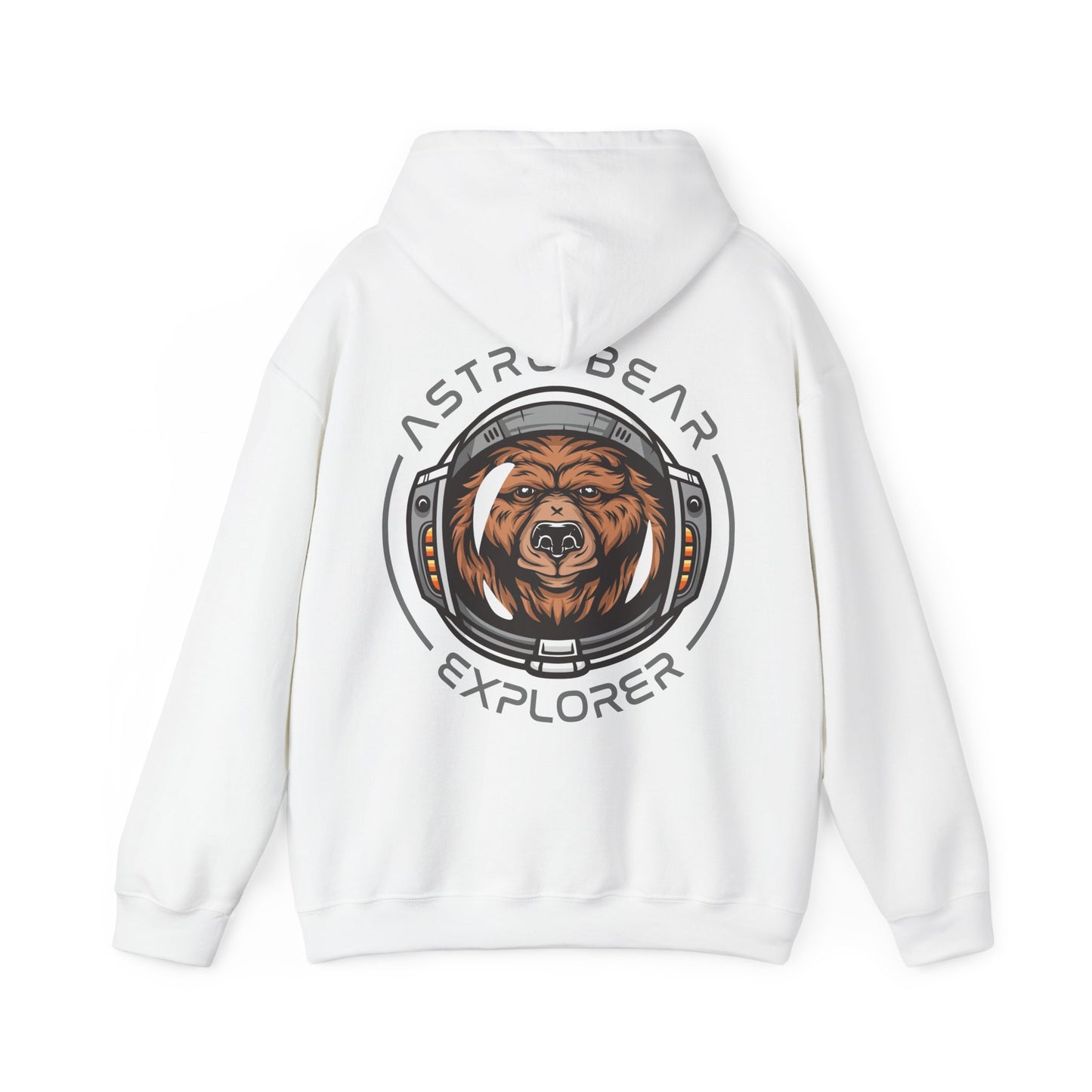 Luxurious white hoodie featuring an eye-catching design of a whimsical brown bear in an astronaut helmet, exuding adventure with bold lettering that reads 'ASTRO BEAR EXPLORER' for style-conscious explorers.