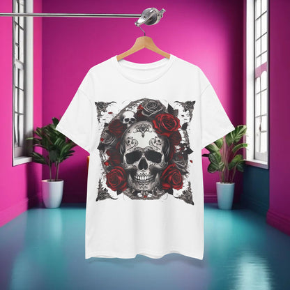 Skulls and Roses Cotton Tee - Unisex Graphic Shirt displayed elegantly against a vibrant pink background, highlighting its striking steampunk skull and rose design.