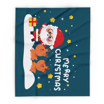 Elegant Decorative and Warm Christmas Arctic Fleece Blanket showcasing a playful Santa and reindeer scene against a deep blue background, ideal for luxury festive celebrations.