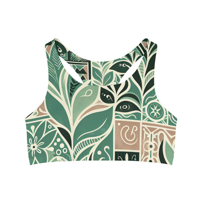 Thea Sinclair Pastel Green Sports Bra featuring a modern block print design in soft microfiber and spandex, showcasing elegant organic shapes in a calming pastel green hue, perfect for luxury activewear.