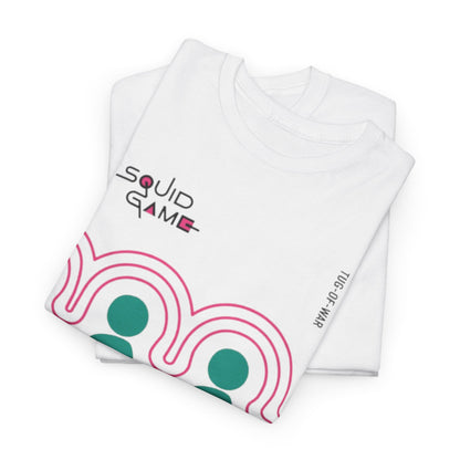 Luxurious folded white t-shirts featuring a Squid Game design, effortlessly blending comfort with high fashion for the discerning wearer.