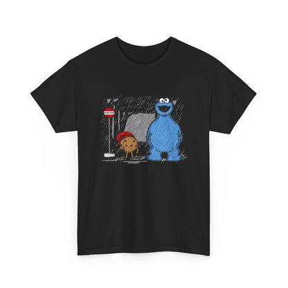 Luxurious unisex Cookie Monster Sesame Street graphic t-shirt displaying the endearing blue character and a cute cookie companion, ideal for adding a playful touch to any outfit.