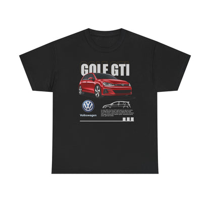 Luxury men's Volkswagen Golf GTI T-shirt in black featuring a striking red Golf GTI graphic and Volkswagen logo, ideal for car enthusiasts.