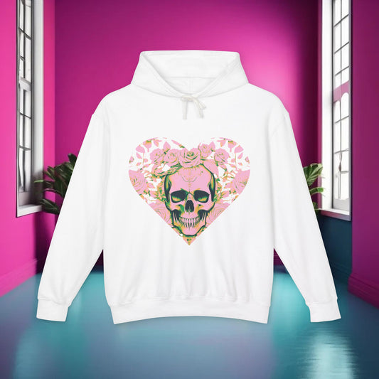 Skull and Roses Lightweight Hoodie in pristine white, showcasing a striking heart-shaped skull and roses graphic. Ideal for those with a taste for luxury and rebellion.