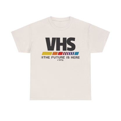 VHS Retro Logo Graphic Tee for Unisex in a stylish off-white hue, showcasing a vibrant VHS logo, ideal for a luxe yet relaxed look.