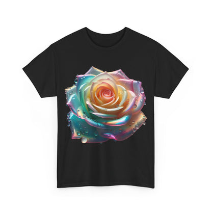 Ethereal Rose Unisex Cotton Tee presented in black, featuring a stunning close-up of a rose with iridescent effects, embodying elegance and artistry.