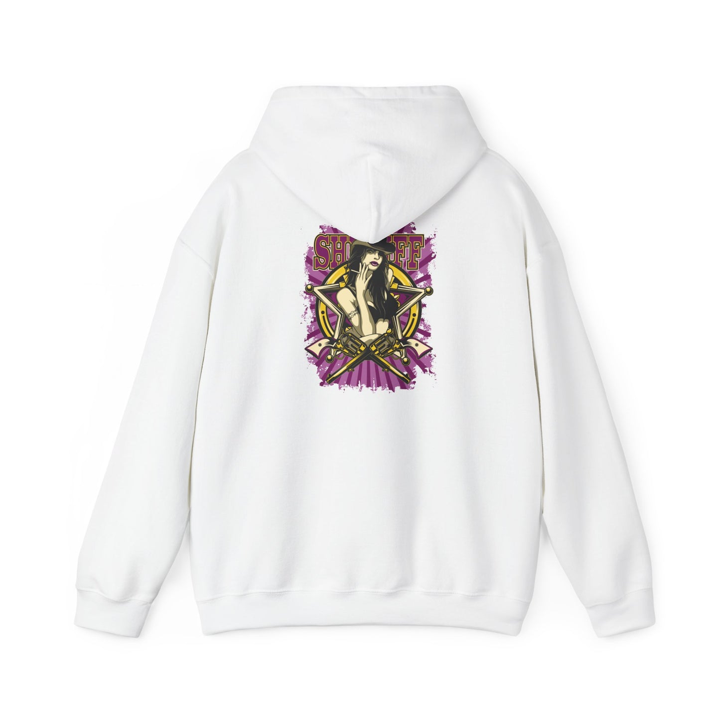Empowered Sheriff Back Print Hoodie featuring a vibrant graphic design of a fierce female figure in a cowboy hat, accentuated by crossed gold revolvers and a bold 'SHERIFF' typography, perfect for showcasing confident Western style.