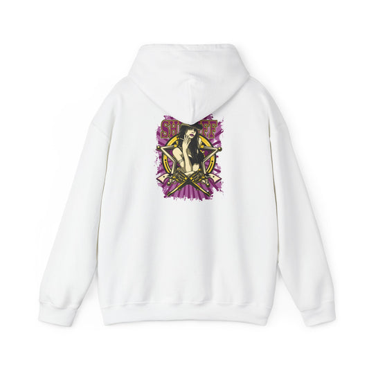 Empowered Sheriff Back Print Hoodie featuring a vibrant graphic design of a fierce female figure in a cowboy hat, accentuated by crossed gold revolvers and a bold 'SHERIFF' typography, perfect for showcasing confident Western style.
