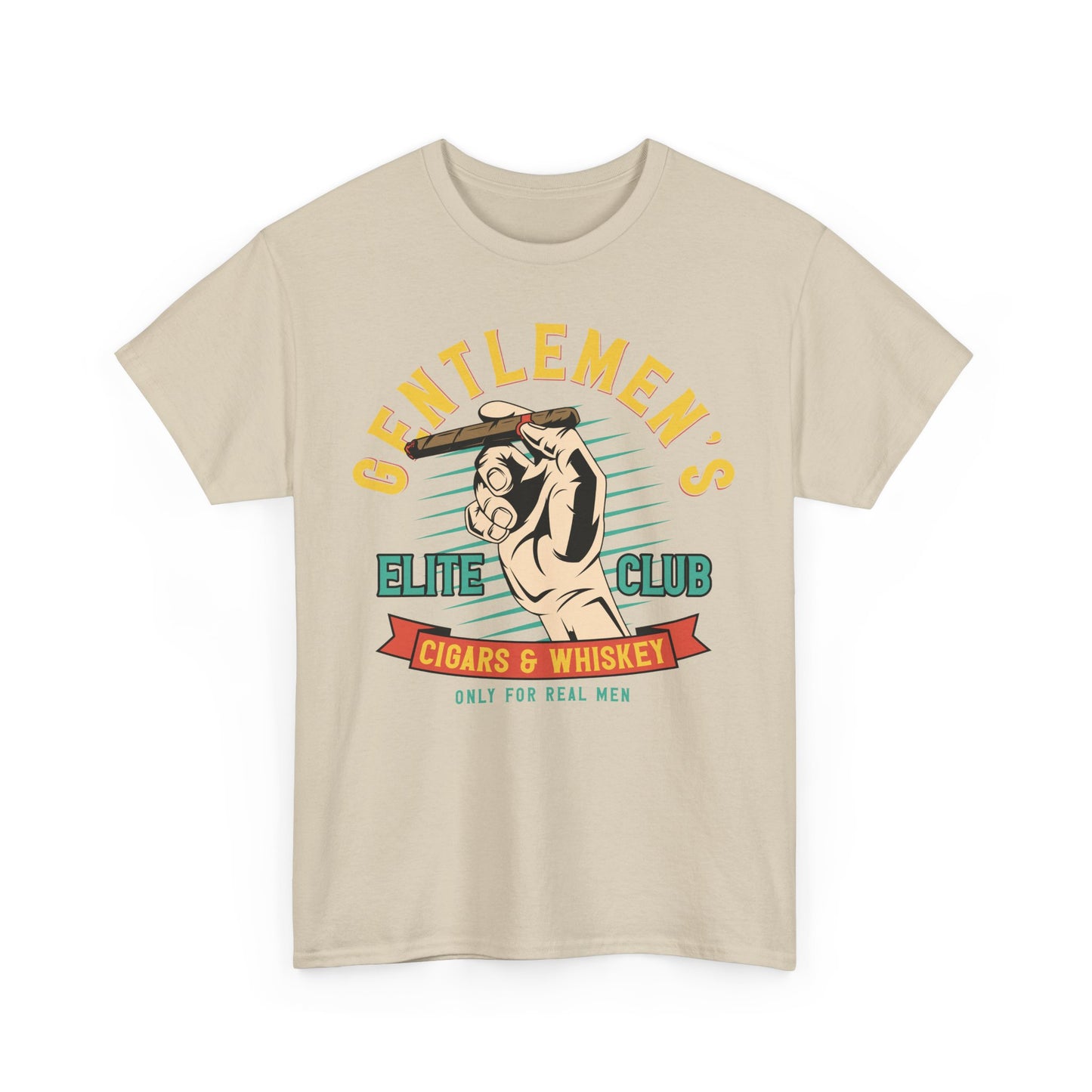 Front view of a luxurious beige graphic men's t-shirt featuring a vibrant design with the phrase 'Gentlemen's Elite Club' and an illustration of a cigar, epitomising refined taste.