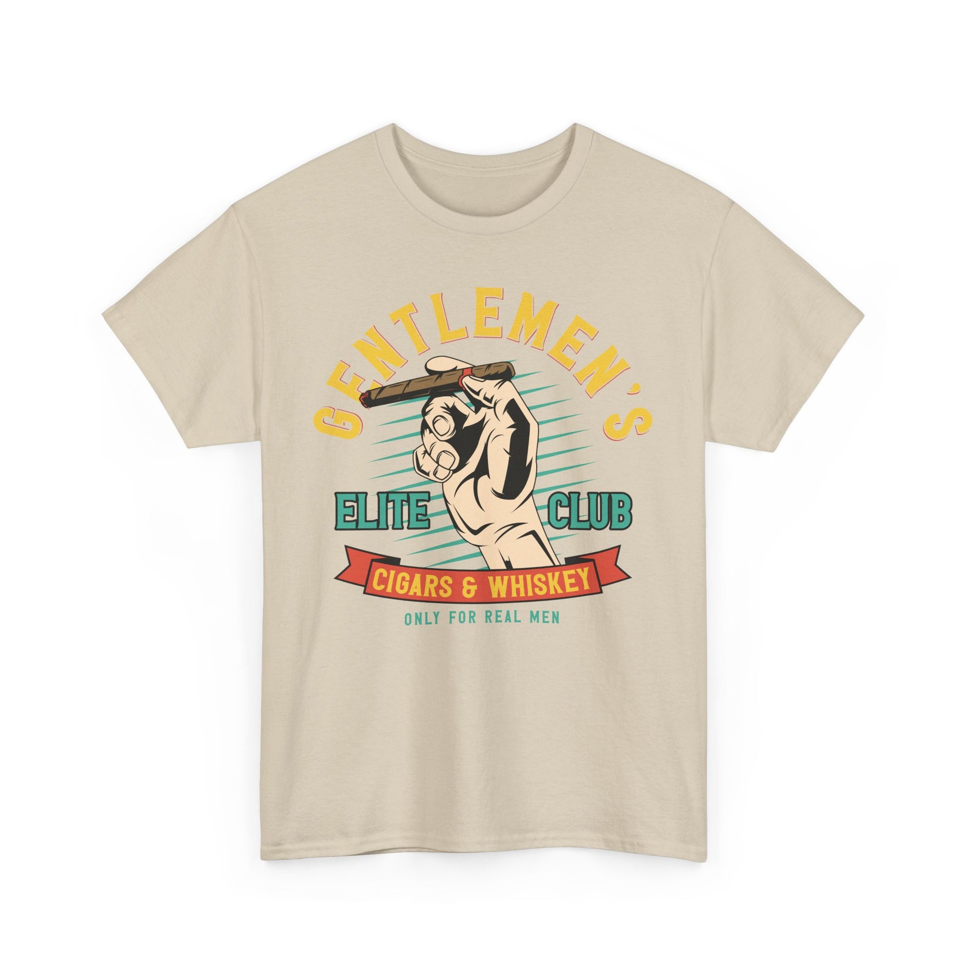 Front view of a luxurious beige graphic men's t-shirt featuring a vibrant design with the phrase 'Gentlemen's Elite Club' and an illustration of a cigar, epitomising refined taste.