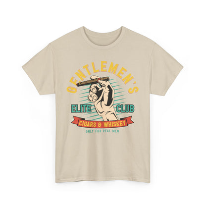 Front view of a luxurious beige graphic men's t-shirt featuring a vibrant design with the phrase 'Gentlemen's Elite Club' and an illustration of a cigar, epitomising refined taste.