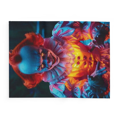 Decorative and Warm Halloween Spooky Pennywise IT Arctic Fleece Blanket with a striking depiction of a menacing clown, designed to bring both comfort and seasonal elegance to your decor.