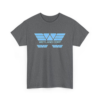 Weyland Corporation Retro Logo Graphic Tee Unisex in dark grey, adorned with a vibrant blue logo, representing an exquisite blend of nostalgia and style.