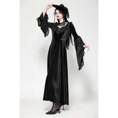 Model showcasing the Dark In Love Petricka Dress with a cross pendant, enhancing the gothic romantic style with a touch of whimsy.