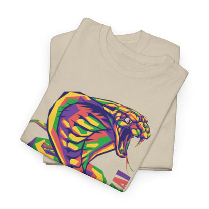 Stylishly folded graphic T-shirts featuring a vivid Cobra Kai snake emblem in rich hues, representing contemporary design and playful homage to karate culture.