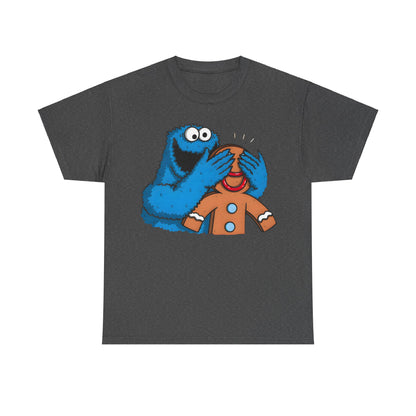 Cookie Monster guess who Graphic Unisex Tee Shirt in elegant dark grey, illustrating Cookie Monster playfully covering a gingerbread man's eyes, a standout piece for the stylish and whimsical.