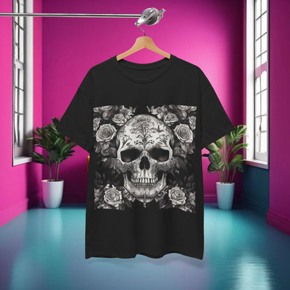 Skulls and Roses Cotton Tee, Unisex Graphic Shirt displayed against a vibrant pink interior, showcasing intricate skull and rose artwork, perfect for alternative fashion enthusiasts.