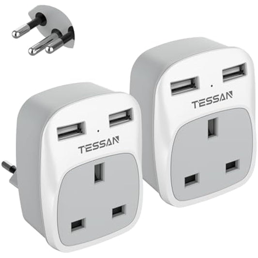 UK to Swiss Plug Adapter 2 Pack, TESSAN UK to Switzerland Plug with 2 USB, Grounded Type J Swiss Adapter, Travel Adaptor for Jordan, Liechtenstein, Madagascar, Rwanda