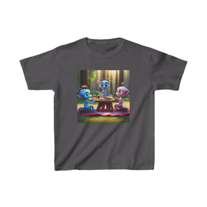 Kids Adorable Cute Aliens Heavy Cotton Tee displaying delightful aliens gathered at a table, a fun addition for any child's wardrobe.