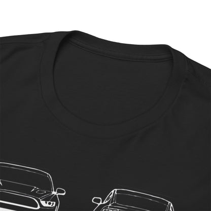 Close-up view of the neckline of a luxurious Ford Mustang GT T-Shirt featuring a detailed technical drawing in black ink outline style.