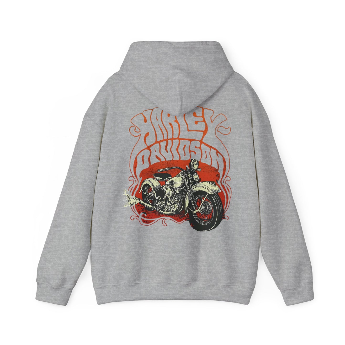 Elegant grey vintage Harley Davidson hoodie showcasing a striking back design of a vintage motorcycle with captivating orange accents, perfect for bikers and fashion enthusiasts alike.