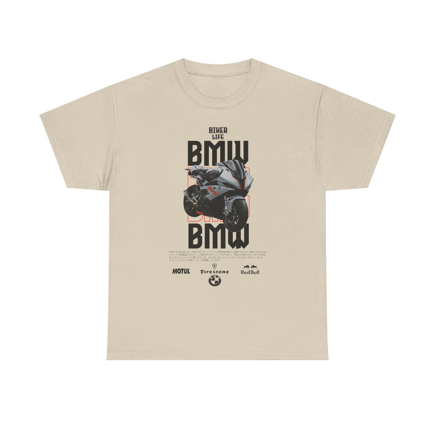 Elegant beige men's t-shirt showcasing a dynamic BMW motorcycle graphic, perfect for those who appreciate style and motorsport heritage.