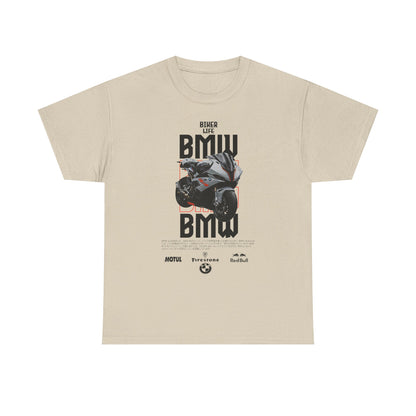 Elegant beige men's t-shirt showcasing a dynamic BMW motorcycle graphic, perfect for those who appreciate style and motorsport heritage.