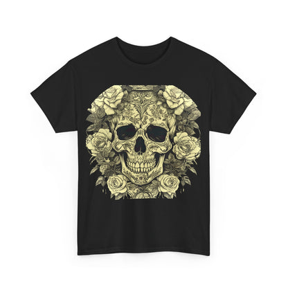 Skulls and Roses Cotton Tee featuring a striking skull design adorned with elegant roses, showcasing luxury in alternative fashion.