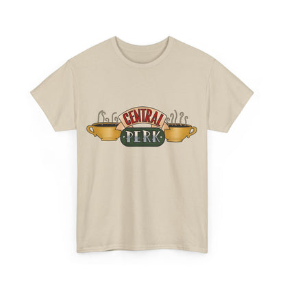 Front view of Central Perk Coffee Shop Friends Retro Logo Graphic Tee Unisex, displaying the classic Central Perk design in sophisticated tones.