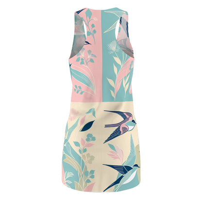 Close-up of the feminine silhouette of Emilia Rosseau Racerback Dress by Dazzling Dreams Studio, showcasing the unique pastel bird pattern on luxurious fabric.