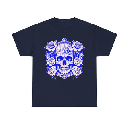 Skulls and Roses Cotton Tee in navy, featuring the striking blue graphic skull and rose print, perfect for making a bold fashion statement.
