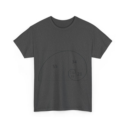 Front view of the Fibonacci Spiral Space Tee, highlighting the captivating Fibonacci spiral graphic on a refined grey fabric.