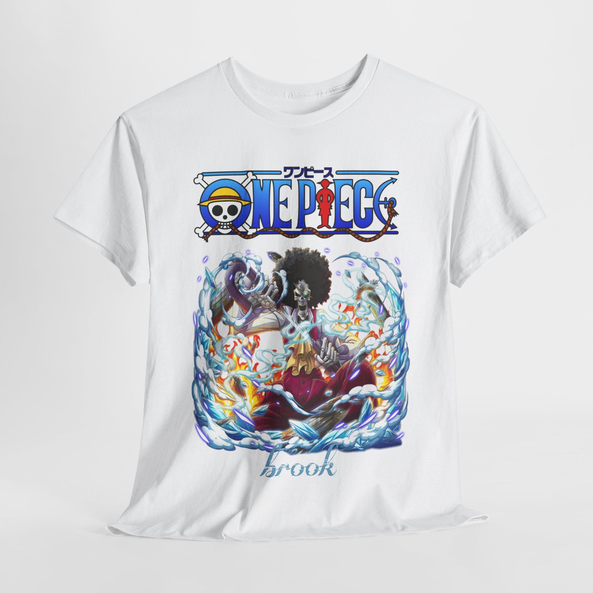 Chic white t-shirt elegantly positioned to highlight an eye-catching illustration of Brook from One Piece, embodying anime-inspired luxury.
