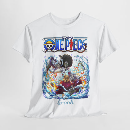 Chic white t-shirt elegantly positioned to highlight an eye-catching illustration of Brook from One Piece, embodying anime-inspired luxury.