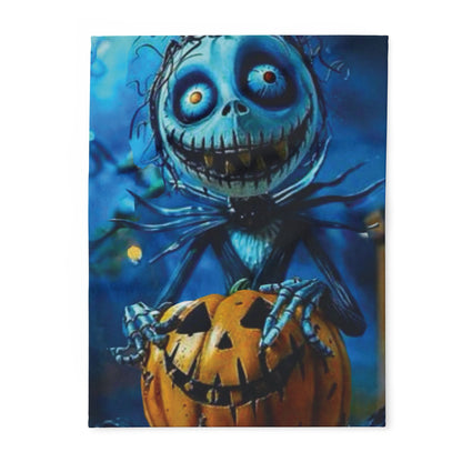 Decorative and Warm Halloween Skellington Spooky Arctic Fleece Blanket featuring a charming skeleton figure with a pumpkin, perfect for adding a luxurious touch to your Halloween decor.