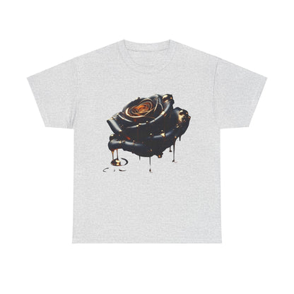 Sleek Close-Up Abstract Rose Unisex Cotton Tee Graphic T Shirt in grey displaying a dramatic rose motif with bronze accents, blending artistry with sophistication.