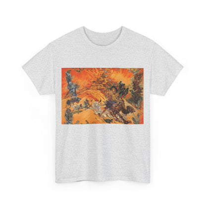 Front view of the Luxury Discworld Pyramids Graphic Unisex T-Shirt in grey, featuring an eye-catching artistic design inspired by the whimsical world of Terry Pratchett.