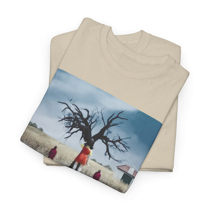 Folded beige Squid Game t-shirts showcasing a striking graphic of a tree, ideal for those who appreciate unique storytelling through apparel.