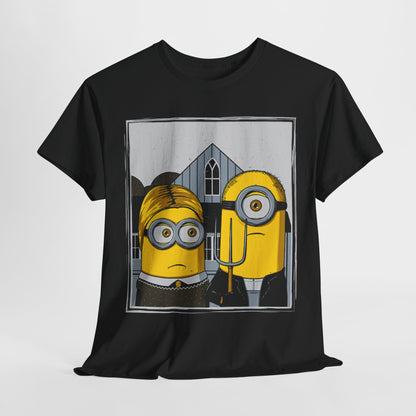 Minions American Gothic Mashup Unisex Men´s Women´s Graphic T Shirt Tee featuring two vibrant minions inspired by classic art. The shirt showcases a funny design perfect for fans of humour and stylish casual wear. T Shirt, Funny, Minions.
