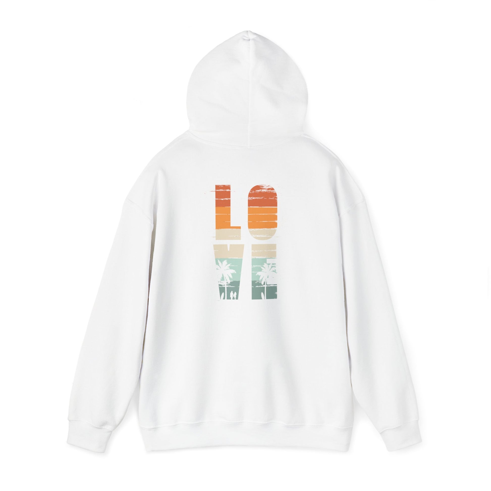 Back view of a white vintage love hoodie, showcasing beautiful retro graphics of palm trees and waves.